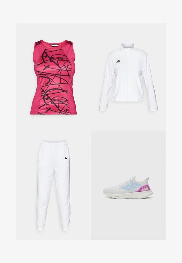 adidas Performance ADIZERO ESSENTIALS - Spordijope - white; Kohandatud roosa sportlik tank top, millel on must abstraktne disain, sile tekstuur ja kontrastsed õlavarre aksessuaarid.; Valged spordipüksid elastse vöökoht ja pükste alumine serv. Omavad küljetaskuid ja väikest musta logo vasakul reitel. Sile kangast viimistlus.; adidas Performance PUREBOOST 5 - Maanteejooksu jalatsid - white/glow blue/purple burst