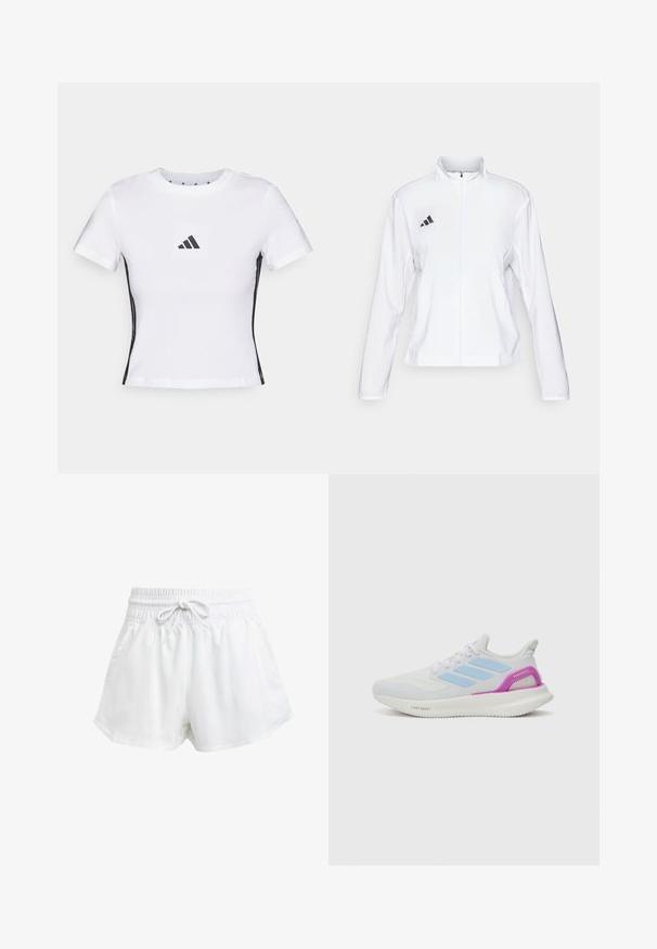 adidas Performance ADIZERO ESSENTIALS - Běžecká bunda - white; Bílý krátkosrstý tričko vyrobené z bavlny, s černým logem Adidas v čtvercovém štítku a černými bočními akcenty. Klasický kulatý výstřih.; Bílé sportovní kraťasy s elastickým pasem a nastavitelnou šňůrkou. Vyrobené z lehkého materiálu, s bočními kapsami a volným střihem.; adidas Performance PUREBOOST 5 - Silniční běžecké boty - white/glow blue/purple burst