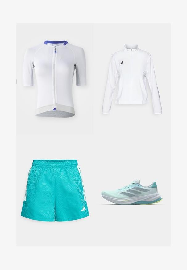 adidas Performance ADIZERO ESSENTIALS - Veste de running - white; Maillot de cyclisme blanc à manches courtes, en tissu texturé, avec fermeture éclair, accent de col violet et détails réfléchissants à l'ourlet.; adidas Sportswear TIRO - Short de sport - pure teal/white; Baskets de sport bleu clair avec une tige en mesh, rayures grises, et une semelle blanche rembourrée dotée d'une sous-couche verte.
