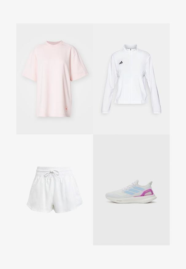 adidas Performance ADIZERO ESSENTIALS - Løpejakke - white; adidas by Stella McCartney LOGO TEE - T-shirts med print - pink; Hvite sportsbukser med elastisk midje og justerbar snor. Laget av lett materiale, med sidelommer og løs passform.; adidas Performance PUREBOOST 5 - Løpesko for vei - white/glow blue/purple burst