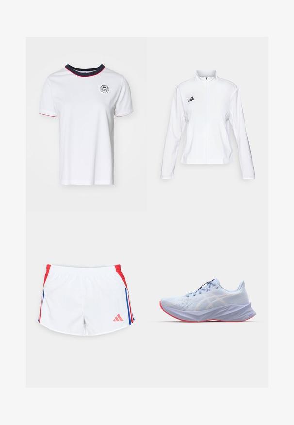 adidas Performance ADIZERO ESSENTIALS - Sporta jaka - white; Balts kokvilnas T-krekls ar apaļu jūras zils apkakli, ar sarkaniem akcentiem un drukātu Lacoste Tennis Club logotipu uz krūšu. Īsas piedurknes, standarta piegriezums.; Baltas sporta šorts ar sarkanām sānu joslām, kuru apakšā ir zilas svītras. Elastīga josta un logo kreisajā apakšējā pusē. Gluda auduma tekstūra.; Gaiši zils sporta apavas ar teksturētām acu augšdaļām, baltām logotipa akcentiem, mīkstinošu zoli un rozā ārējo zoli. Iespējām elegants, ergonomisks dizains.