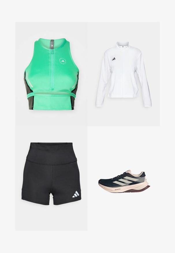adidas Performance ADIZERO ESSENTIALS - Running jacket - white; Green athletic crop top with a zip front, featuring black accents, reflective details, and a logo. Made of smooth, stretchy fabric.; adidas Performance Leggings - black; Running shoe with a dark blue mesh upper, light beige sole, and white three-stripe design. Features a sleek, aerodynamic shape and textured accents.