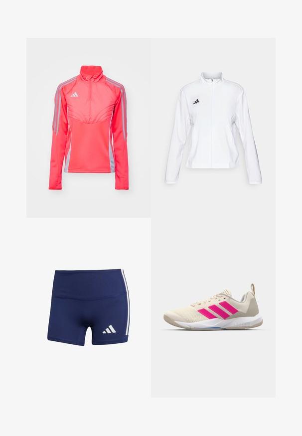 adidas Performance ADIZERO ESSENTIALS - Veste de running - white; Veste de sport rose à col haut, avec un col zippé et des bandes grises sur les côtés. Dotée de coutures structurées et d'une coupe ajustée.; Shorts de sport bleu marine à coupe près du corps, en tissu lisse, avec des rayures blanches sur les côtés et un logo en bas à gauche.; Baskets de sport beiges avec un logo à trois bandes roses, tige en maille texturée, col rembourré et semelle en caoutchouc blanc, arborant le marquage "LIGHTSTRIKE".