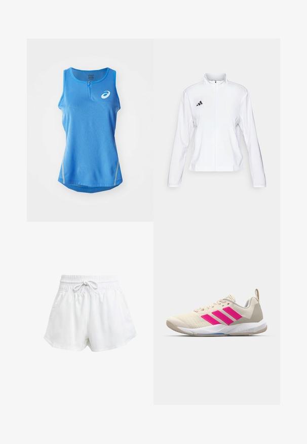 adidas Performance ADIZERO ESSENTIALS - Sporta jaka - white; Zilās sporta topiņš ar rāvējslēdzēju ap kaklu, kuram ir teksturēts raksts un atstarotāji sānos.; Baltas sporta šorts ar elastīgu jostu un regulējamu auklu. Izgatavoti no viegla materiāla, ar sānu kabatām un brīvu piegriezumu.; Beige sporta apavi ar rozā trīs svītru logotipu, strukturētu acu augšdaļu, mīkstu apkaklīti un balto gumijas zoli, ar "LIGHTSTRIKE" zīmolu.