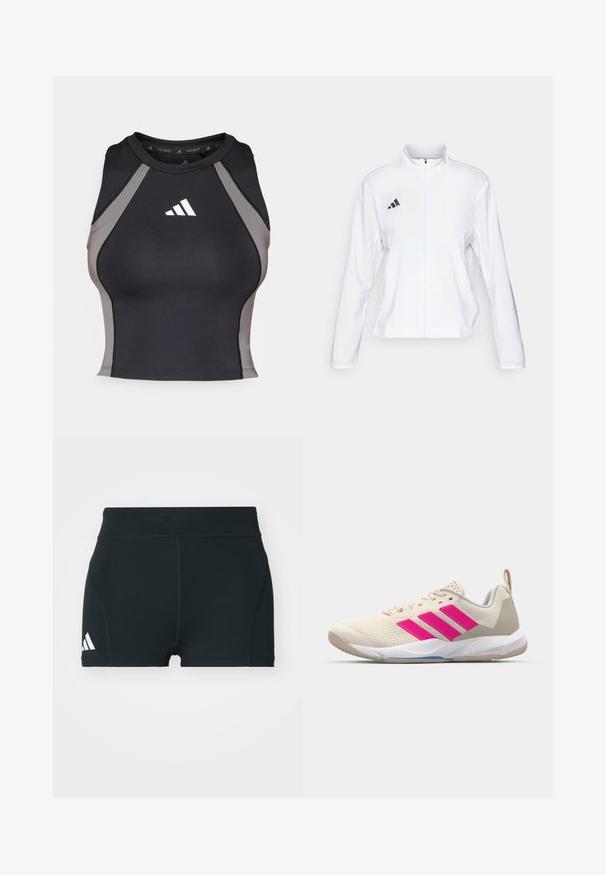 adidas Performance ADIZERO ESSENTIALS - Casaco de corrida - white; Camisola desportiva preta sem mangas com painéis laterais cinzentos. Apresenta um decote redondo e um logo da adidas em branco na área do peito. Feita de um tecido elástico.; Calções atléticos pretos feitos de um tecido elástico, com uma cintura alta, forma ajustada e logótipo branco da Adidas no lado esquerdo.; Sapata atlética bege com logotipo de três riscas cor-de-rosa, parte superior em malha texturizada, colarinho acolchoado e sola de borracha branca, apresentando a marca "LIGHTSTRIKE".