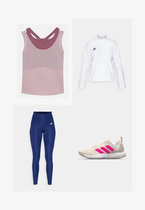 adidas Performance ADIZERO ESSENTIALS - Running jacket - white; Even&Odd active Top - light pink/mauve; Navy blue leggings made of stretchy material with a high waistband. Features a white Adidas logo on the front left thigh.; Beige athletic shoe with pink three-stripe logo, textured mesh upper, padded collar, and white rubber sole, featuring "LIGHTSTRIKE" branding.