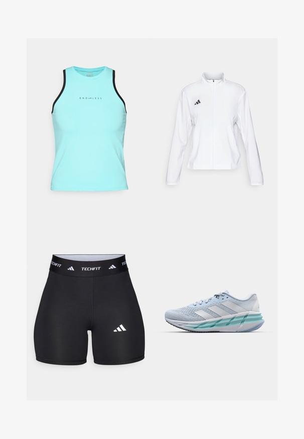 adidas Performance ADIZERO ESSENTIALS - Laufjacke - white; Endless ESSENTIAL - Top - aqua; Schwarze Shorts aus dehnbarem Stoff mit passgenauer Passform. Verfügt über einen breiten schwarzen Bund, der mit "TECHFIT" beschriftet ist, und ein weißes Logo am Bein.; Helle blaue Sportschuhe mit einem strukturierten Strickobermaterial, weißen Akzenten und einer transparenten grünen Zwischensohle. Abgerundete Zehenpartie und gepolsterter Schaft.