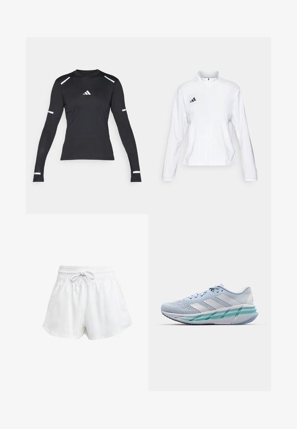 adidas Performance ADIZERO ESSENTIALS - Runningjack - white; Zwart sportshirt met lange mouwen, gemaakt van textuurstof. Bevat reflecterende accenten op de schouders en armen, met een klein logo in het midden.; Witte sportieve shorts met een elastische tailleband en verstelbaar trekkoord. Gemaakt van lichtgewicht materiaal, met zijzakken en een losse pasvorm.; Lichtblauwe sportschoenen met een gestructureerde breitbovenkant, witte accenten en een doorzichtige groene tussenzool. Ronde neus en gevoerde kraag.