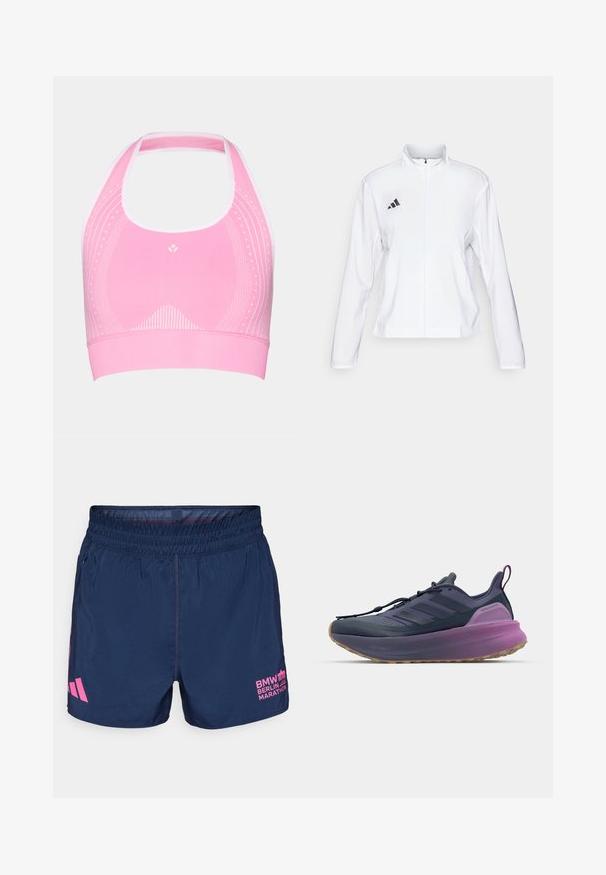adidas Performance ADIZERO ESSENTIALS - Løbejakker - white; Lyserød sportsbh med halterneck-design, prydet med diskrete hvide mønstre og ribbet tekstur langs bunden.; adidas Performance BER25 OTR SHORTS - Korte sportsbukser - collegiate navy; adidas Performance ULTRABOOST 5  - Løbesko til landevejen - shadow navy/legend ink/preloved purple