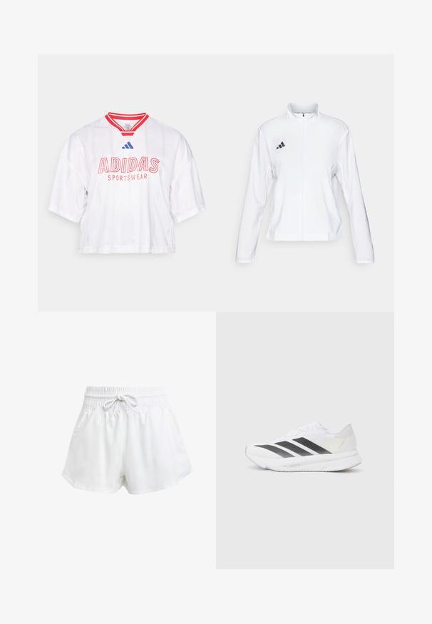 adidas Performance ADIZERO ESSENTIALS - Sporta jaka - white; Balts īsais džersijs ar sarkaniem akcentiem un svītrām, kurā ir uzraksts "ADIDAS SPORTSWEAR" treknā sarkanā burtu formātā un zilas krāsas logo detaļa uz apkakles.; Baltas sporta šorts ar elastīgu jostu un regulējamu auklu. Izgatavoti no viegla materiāla, ar sānu kabatām un brīvu piegriezumu.; Baltas sporta apavs ar melniem diagonāliem svītrām, sieta augšdaļa, noapaļota purngalu forma un teksturēta zole. Akcenti ietver sudraba papēdi un minimālistisku dizainu.