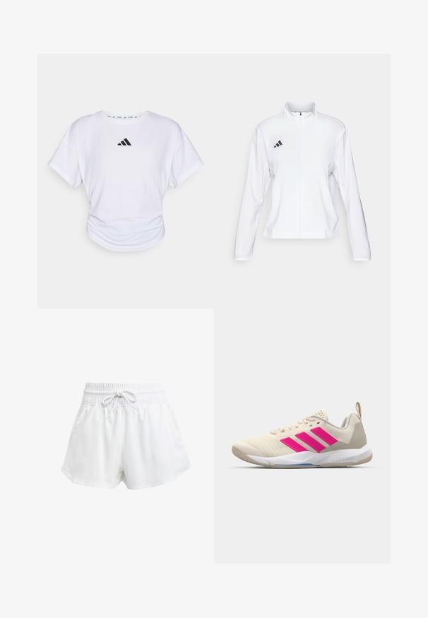 adidas Performance ADIZERO ESSENTIALS - Laufjacke - white; Weißes T-Shirt mit kurzen Ärmeln und Rundhalsausschnitt, das ein schwarzes Adidas-Logo auf der oberen Brust und eine geraffte Textur an der Taille aufweist.; Weiße Sportschorts mit elastischem Bund und einstellbarem Kordelzug. Hergestellt aus leichtem Material, mit seitlichen Taschen und lockerer Passform.; Beige Sportsschuh mit pinkem Dreistreifen-Logo, strukturiertem Mesh-Obermaterial, gepolstertem Schaft und weißer Gummisohle, mit "LIGHTSTRIKE"-Branding.