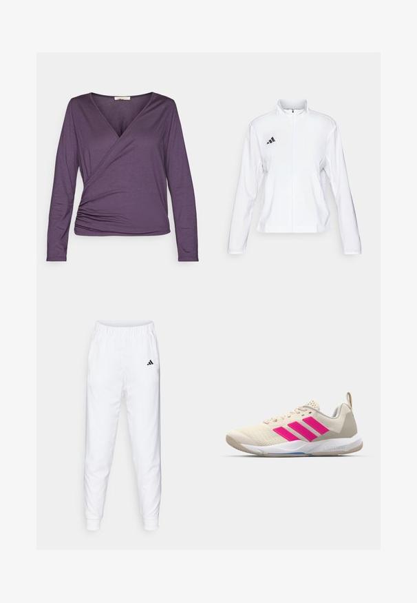 adidas Performance - Kurtka do biegania; Yogasearcher NATANA liliowy; Białe spodnie treningowe z elastycznym pasem i mankietami. Zawierają boczne kieszenie i małe czarne logo na lewej udzie. Gładka tkanina.; Beżowy but sportowy z różowym logo w postaci trzech pasków, teksturowana siateczka na górze, wyściełany kołnierz i biały gumowy spód, z brandingiem "LIGHTSTRIKE".