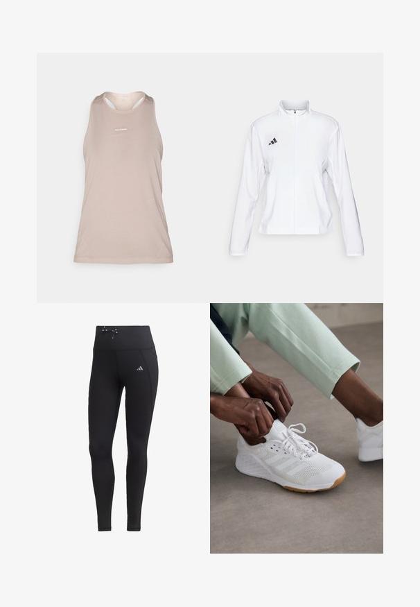 adidas Performance ADIZERO ESSENTIALS - Running jacket - white; Light beige sleeveless athletic tank top with a mesh texture, rounded neckline, and small logo on the front. Smooth fabric, lightweight design.; Black leggings with high waistband, drawstring detail, and side pockets. Made from smooth fabric with reflective logo accent.; White athletic shoe with a mesh upper, rubber sole, and three stripe design. Laces are being adjusted; light gray and mint green clothing visible.