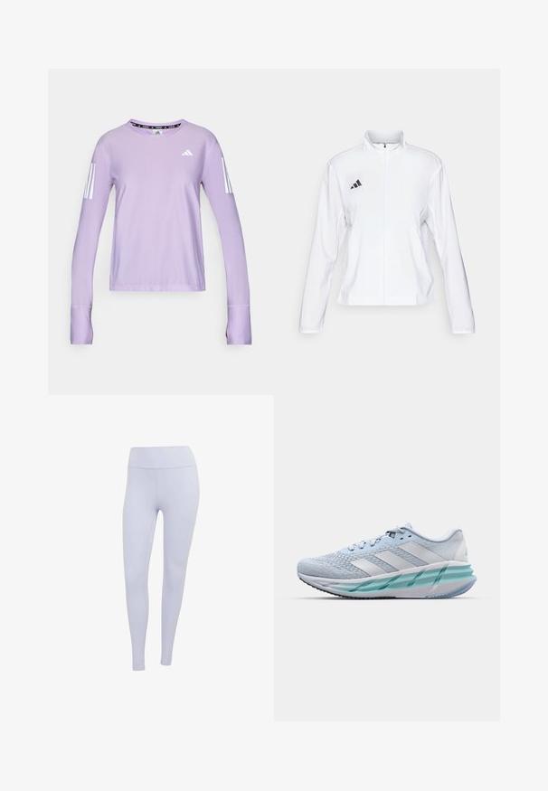 adidas Performance ADIZERO ESSENTIALS - Løbejakker - white; Lilla langærmet sports T-shirt lavet af tekstureret stof. Har tre hvide striber på hver ærme og en rund hals med en sort logo detalje.; Lyslilla leggings lavet af strækbart stof. Høj talje-design med en glat overflade og uden synlige sømme eller mønstre.; Lysblå sportsko med en struktureret strikoverside, hvide detaljer og en gennemsigtig grøn mellemsål. Rund tå og polstret krave.