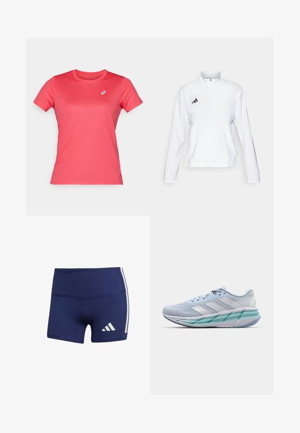 adidas Performance ADIZERO ESSENTIALS - Running jacket - white; ASICS CORE TOP - Sports T-shirt - pixel pink; Navy blue athletic shorts with a tight fit, made of smooth fabric, featuring white side stripes and a logo on the lower left.; Light blue athletic shoes with a textured knit upper, white accents, and a transparent green midsole. Rounded toe and padded collar.