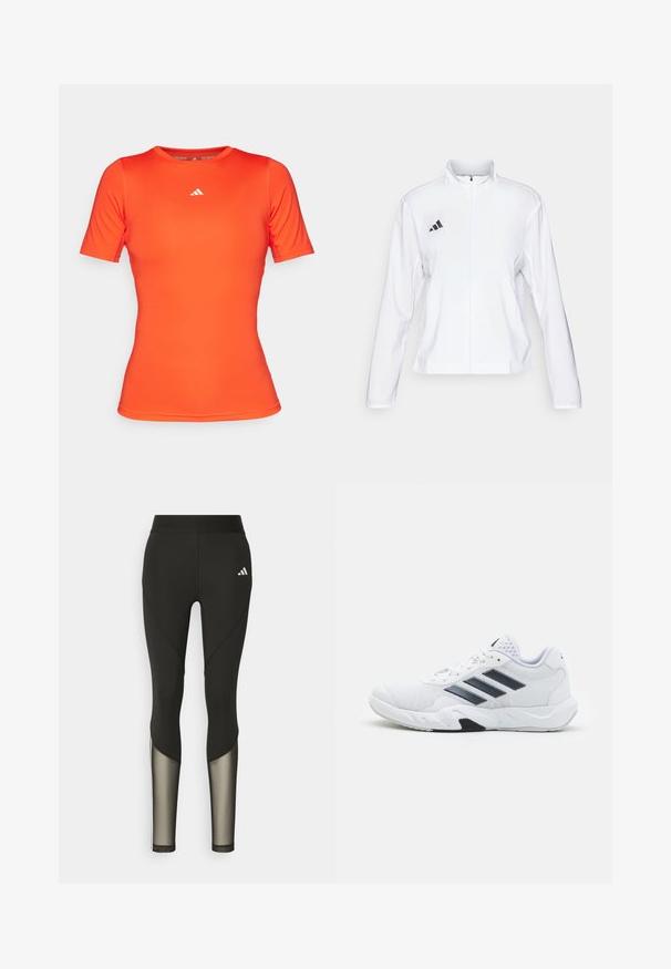 adidas Performance - Kurtka do biegania; adidas Performance - Koszulka sportowa; Czarne legginsy sportowe z wysokim stanem, z siateczkowymi akcentami na dolnych nogawkach oraz haftowanym logo na biodrze.; Białe buty sportowe z siateczkową cholewką, trzy czarne paski po boku, teksturowane akcenty i solidna gumowa podeszwa z kontrastującą czarną sekcją.