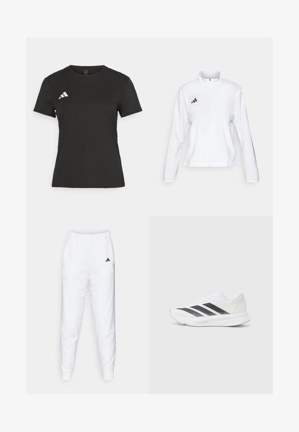 adidas Performance ADIZERO ESSENTIALS - Løpejakke - white; Svart trenings T-skjorte laget av glatt stoff. Den har rund hals, korte ermer og en hvit logo på venstre brystområde.; Hvite treningseffekter med elastisk midje og mansjetter. Har sidelommer og en liten svart logo på venstre lår. jevnt stofffinish.; Hvit sportssko med svarte diagonale striper, mesh-overdel, rund tå og teksturert såle. Detaljene inkluderer en sølvfarget hæl og minimalistisk design.
