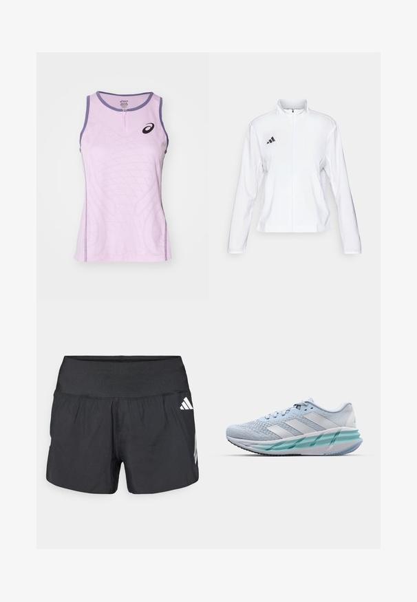 adidas Performance ADIZERO ESSENTIALS - Running jacket - white; Light purple athletic tank top with a front zipper, featuring a textured design and contrasting dark purple accents on the neckline and sides.; Black athletic shorts featuring a wide elastic waistband, lightweight fabric, and white logo accents on the lower side.; Light blue athletic shoes with a textured knit upper, white accents, and a transparent green midsole. Rounded toe and padded collar.