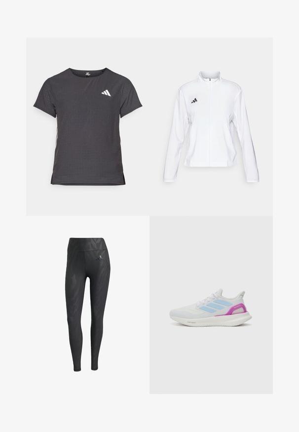 adidas Performance ADIZERO ESSENTIALS - Športna jakna - white; Kratka športna majica s kratkimi rokavi, temno siva z perforirano teksturo. Ima bel logotip in kontrastne stranske črte. Okrogel ovratnik.; Črne legice z tonalnim vzorcem zebre, visokim pasom, gladko teksturo in Adidasovim logotipom na levi bok. Izdelane iz raztegljive tkanine.; adidas Performance PUREBOOST 5 - Tekaški copati za cesto - white/glow blue/purple burst