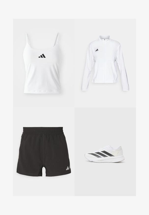 adidas Performance ADIZERO ESSENTIALS - Striukė bėgimui - white; Baltas marškinėliai be rankovių su plonais petnešomis, ant priekinės pusės su juodu adidas logotipu. Audinys turi lygią tekstūrą ir prigludusį siluetą.; Juodi sportiniai šortai, pagaminti iš lengvos medžiagos. Turi elastingą juosmenį, šoninį užtrauktuką kišenę ir atspindinčią logotipą ant apatinio krašto.; Baltos sportinės bateliai su juodomis įstrižainėmis, tinklinė viršutinė dalis, apvalus pirštas ir tekstūruotas padas. Priedai apima sidabrinį kulną ir minimalistinį dizainą.