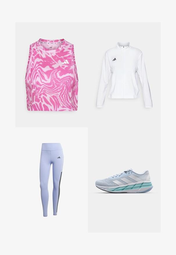 adidas Performance ADIZERO ESSENTIALS - Běžecká bunda - white; Růžový top bez rukávů s vlnitým vzorem, vyrobený z měkké tkaniny; na přední straně, blízko výstřihu, se nachází vyšívané bílé logo.; Světle fialové legíny vyrobené z pružného materiálu, s vysokým pasem, černými bočními pruhy a malým logem na levém stehně.; Světlomodré sportovní boty s texturovaným pleteným svrškem, bílými akcenty a průhledným zeleným mezipodešví. Oválná špička a polstrovaný límec.