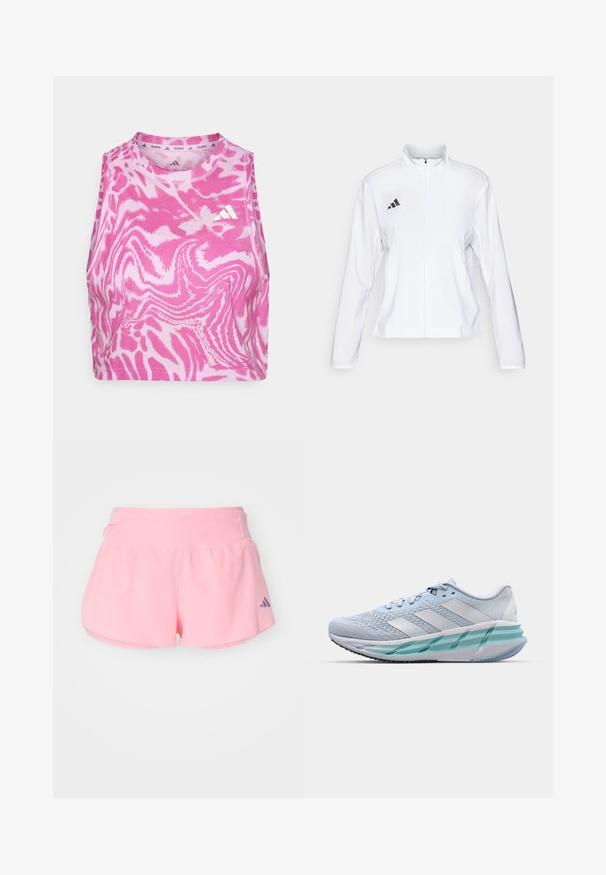 adidas Performance ADIZERO ESSENTIALS - Runningjack - white; Roze mouwloze crop top met een golvend patroon, gemaakt van zachte stof; voorzien van een geborduurd wit logo aan de voorkant bij de halslijn.; adidas Performance ADIZERO GEL - Korte broeken - semi pink spark; Lichtblauwe sportschoenen met een gestructureerde breitbovenkant, witte accenten en een doorzichtige groene tussenzool. Ronde neus en gevoerde kraag.