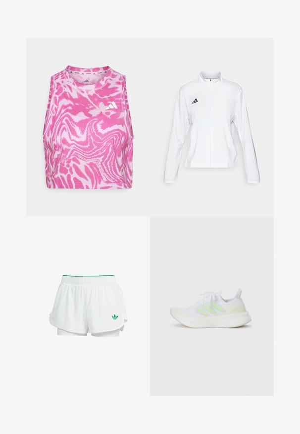 adidas Performance ADIZERO ESSENTIALS - Laufjacke - white; Rosa ärmelloses Crop-Top mit einem welligen Muster, aus weichem Stoff; verfügt über ein aufgesticktes weißes Logo auf der Vorderseite in der Nähe des Ausschnitts.; Weiße sportliche Shorts mit einem geschichteten Design, elastischem Bund, grünen Akzenten und einem kleinen grünen Logo auf der unteren linken Seite.; adidas Performance ULTRABOOST 5 - Laufschuh Straße - white/semi green spark/grey one