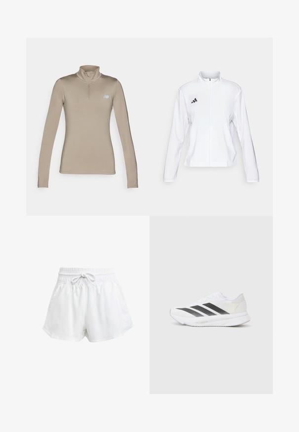 adidas Performance ADIZERO ESSENTIALS - Spordijope - white; Kreemikas pikka varrukat sportlik särk kõrge kaelusega ja veerandi lukuga. Ülemises vasakus rinnas on väike helesinine logo. Sujuv tekstuur.; Valged spordilühikesed püksid elastse vöökoha ja reguleeritava paelaga. Valmistatud kergest materjalist, küljetaskudega ja lõdva istuvusega.; Valged sportlikud jalanõud mustade diagonaalsete triipudega, võrkkattega, ümarate varvastega ja tekstuurse tallaga. Aktsentideks on hõbedane kand ja minimalistlik disain.