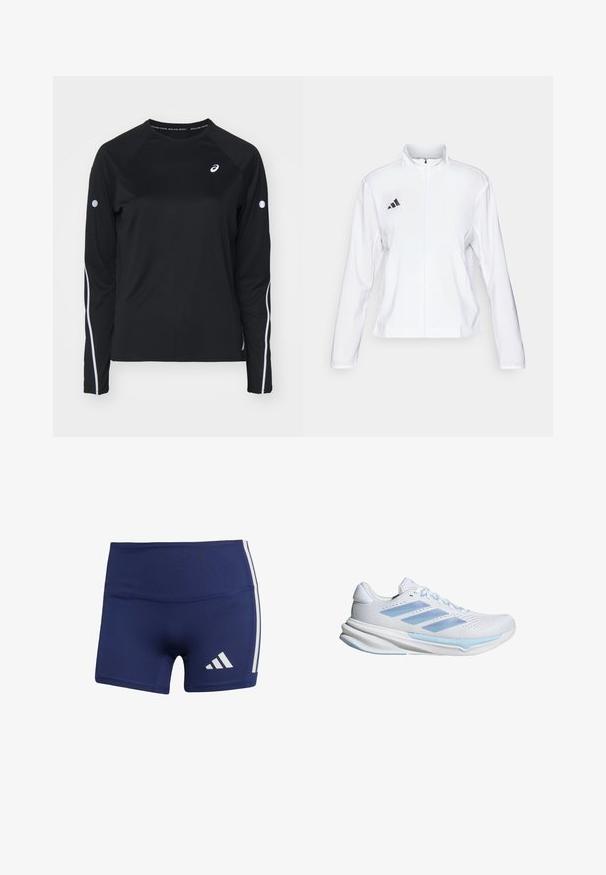 adidas Performance ADIZERO ESSENTIALS - Běžecká bunda - white; Černé dlouhé sportovní tričko s raglánovými rukávy, bílé reflexní pruhy podél stran a kulatý výstřih. Na hrudi má malé logo.; Tmavě modré sportovní šortky s těsným střihem, vyrobené z hladké látky, s bílými bočními pruhy a logem na dolní levé straně.; Bílé běžecké boty s světle modrými akcenty, prodyšný síťovinový svršek, design se třemi pruhy, polstrovaná podrážka a texturovaná trakční podešev.