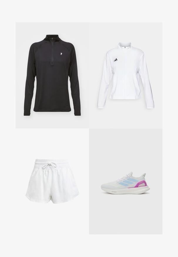 adidas Performance ADIZERO ESSENTIALS - Jachetă sport - white; Tricou negru cu mânecă lungă, cu fermoar pe un sfert, cu o textură netedă și un design ajustat. Dispune de mâneci raglan și un mic logo alb pe piept.; Shorts albi sportivi cu talie elastică și șnur ajustabil. Fabricate dintr-un material ușor, cu buzunare laterale și o croială largă.; adidas Performance PUREBOOST 5 - Pantofi de alergare pe asfalt - white/glow blue/purple burst