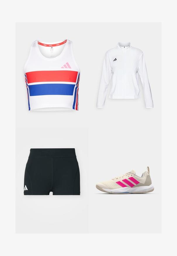 adidas Performance ADIZERO ESSENTIALS - Sporta jaka - white; Sagriezta sporta t-kreklu baltā krāsā ar sarkanām un zilām horizontālajām svītrām. Ar rozā adidas logotipu, apaļu kakla izgriezumu un gludu auduma tekstūru.; Melnas sporta šortus, kas izgatavoti no stiepjama auduma, ar augstu jostasvietu, pieguļošu formu un baltu Adidas logotipu kreisajā pusē.; Beige sporta apavi ar rozā trīs svītru logotipu, strukturētu acu augšdaļu, mīkstu apkaklīti un balto gumijas zoli, ar "LIGHTSTRIKE" zīmolu.