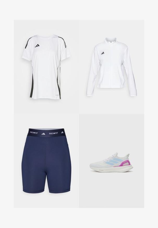 adidas Performance ADIZERO ESSENTIALS - Jachetă sport - white; Tricou sportiv alb cu accente negre, având mâneci scurte, decolteu rotund și un design aerodinamic. Include brandingul "AEROREADY".; Pantaloni scurți sport de culoare bleu marin, cu o textură netedă, talie elastică cu inscripția "TECHFIT" și logo-ul cu trei dungi, design ajustat, cusături minime.; adidas Performance PUREBOOST 5 - Pantofi de alergare pe asfalt - white/glow blue/purple burst
