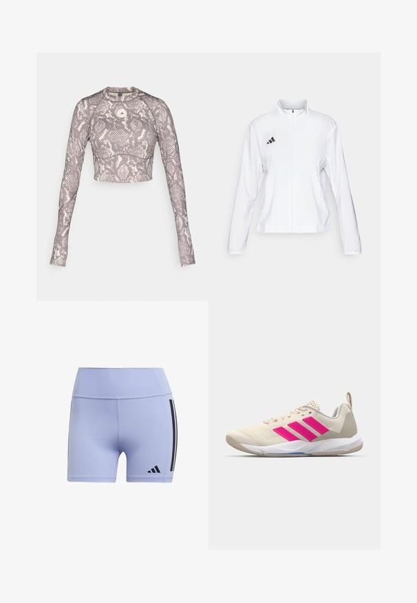 adidas Performance ADIZERO ESSENTIALS - Juoksutakki - white; Lyhythihainen toppi, jossa on violetti ja kerma snake-kuvio, pyöreä kaula-aukko ja sileä joustava materiaali.; Vaaleanpuna-harmaat urheilushortsit, joissa on sileä pinta, mustat sivu raidat ja logo vasemman jalan alaosassa.; Beige urheilujalkine, jossa on vaaleanpunainen kolmonen-striippi-logo, teksturoitu verkko-yläosa, pehmustettu kaulus ja valkoinen kumipohja, jossa on "LIGHTSTRIKE" -brändäys.