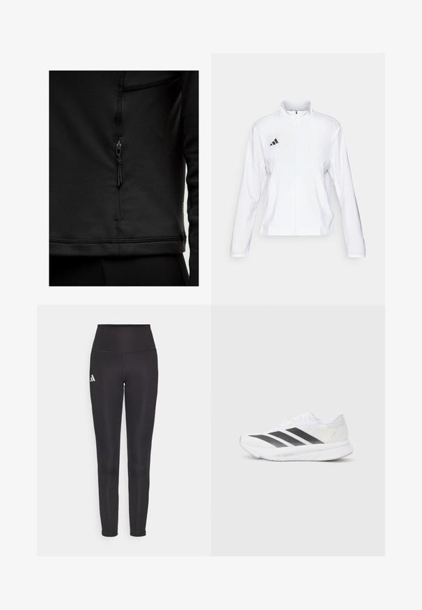 adidas Performance ADIZERO ESSENTIALS - Løbejakker - white; Sort atletisk zip-up trøje med en glat tekstur, der har en kort lynlås og forstærkede sømme langs sømmene.; Sorte højtlivede leggings lavet af strækbart materiale. Har et hvidt logo på venstre side og et slankt, sømløst design. Glat tekstur.; Hvide sportsko med sorte diagonale striber, mesh-overdel, rund tå og tekstureret sål. Accenter inkluderer en sølv hæl og et minimalistisk design.