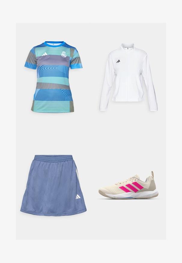 adidas Performance ADIZERO ESSENTIALS - Løpejakke - white; Blå og grønn mønstrete sportstrøye med korte ermer, rund hals og klubbens broderte logo på brystet.; Blå sportskjørt med et strukturert mønster, elastisk midje, og en hvit Adidas-logo nederst til høyre.; Beige atletik sko med rosa tre-stripes logo, teksturert mesh-overdel, polstret krage og hvit gummisåle, med "LIGHTSTRIKE" merke.