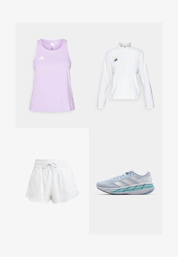 adidas Performance ADIZERO ESSENTIALS - Running jacket - white; adidas Performance ADIZERO TANK - Top - powder plum; White athletic shorts with an elastic waistband and adjustable drawstring. Made from lightweight material, featuring side pockets and a loose fit.; Light blue athletic shoes with a textured knit upper, white accents, and a transparent green midsole. Rounded toe and padded collar.
