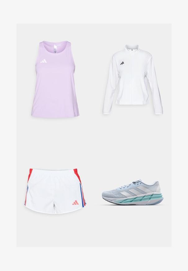 adidas Performance ADIZERO ESSENTIALS - Giacca da running - white; adidas Performance ADIZERO TANK - Top - powder plum; Pantaloni sportivi bianchi con pannelli laterali rossi e strisce blu. Vita elastica e logo nella parte inferiore sinistra. Texture del tessuto liscia.; Scarpe da ginnastica azzurro chiaro con tomaia in maglia testurizzata, accenti bianchi e suola intermedia verde trasparente. Punta rotonda e colletto imbottito.