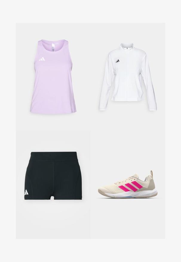 adidas Performance ADIZERO ESSENTIALS - Löparjacka - white; adidas Performance ADIZERO TANK - Linne - powder plum; Svarta träningsshorts i stretchigt material, med hög midja, åtsittande passform och vitt Adidas-logga på vänster sida.; Beige idrottssko med rosa tre-stripes logotyp, texturerad meshöverdel, vadderad krage och vit gummisula, med "LIGHTSTRIKE"-branding.