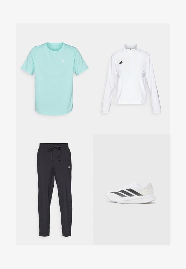 adidas Performance ADIZERO ESSENTIALS - Chaqueta de running - white; Camiseta deportiva de manga corta en azul claro, hecha de tela que absorbe la humedad, con un pequeño logo blanco en el pecho y cuello redondo.; Pantalones de chándal negros hechos de un material ligero con una cinturilla elástica y cordón ajustable. Presenta un pequeño logo en el costado.; Zapatilla deportiva blanca con rayas diagonales negras, parte superior de malla, punta redondeada y suela texturizada. Los acentos incluyen un talón plateado y un diseño minimalista.