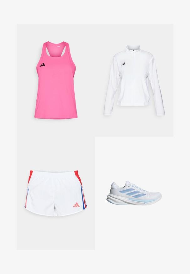 adidas Performance ADIZERO ESSENTIALS - Bežecká bunda - white; Ľahká ružová športová tielko s okrúhlym výstrihom, dizajnom s prekríženými ramienkami a čiernym logom v hornej ľavej časti. Hladká textúra.; Biele športové šortky s červenými bočnými panelmi a modrými pruhmi. Elastický pás a logo na dolnej ľavej strane. Hladký textilný povrch.; Biele bežecké topánky s svetlomodrými detailmi, priedušný zvršok z textilu, dizajn s tromi pruhmi, polstrovaná podrážka a textúrovaná vonkajšia podrážka pre lepšiu trakciu.