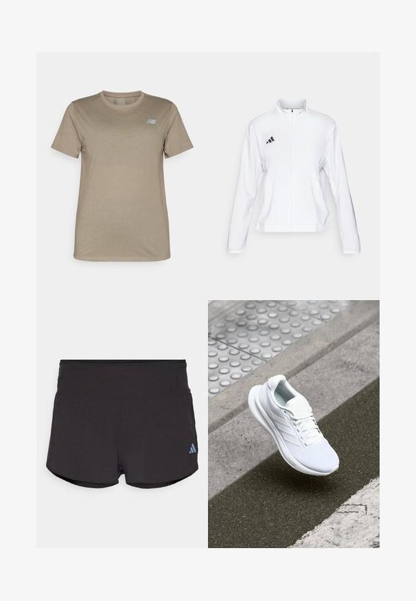 adidas Performance ADIZERO ESSENTIALS - Chaqueta de running - white; Camiseta de manga corta beige, confeccionada en una tela suave, con cuello redondo y un sutil logo azul claro en la parte superior izquierda del pecho.; Pantalones cortos deportivos negros con un acabado texturizado, que cuentan con una cintura ancha y un logo de Adidas en azul claro en la parte inferior izquierda.; Zapatilla deportiva blanca con parte superior de malla, diseño de cordones y suela texturizada. Branding sutil y detalles de construcción sin costuras visibles.