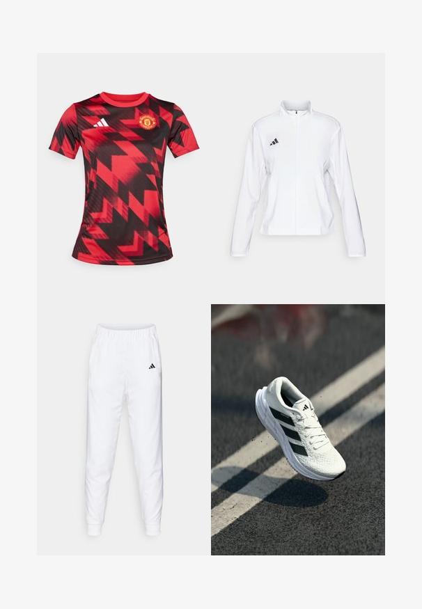 adidas Performance ADIZERO ESSENTIALS - Jachetă sport - white; Cămașă de fotbal roșie și neagră, cu mâneci scurte, având un model geometric, cu logo-ul Manchester United pe pieptul stâng și logo-ul Adidas pe partea dreaptă.; Pantaloni atletici albi cu talie elastică și manșete. Au buzunare laterale și un mic logo negru pe coapsa stângă. Finisaj dintr-un material neted.; Adidași albi de alergare cu un upper texturat, design cu trei dungi negre, guler căptușit și talpă ușoară, poziționați în aer deasupra unei suprafețe de drum.