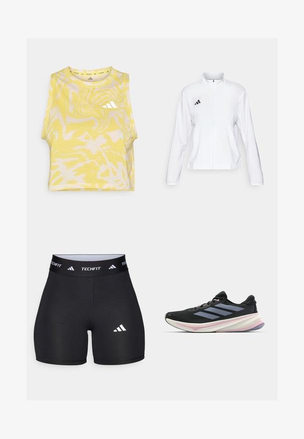 adidas Performance ADIZERO ESSENTIALS - Bežecká bunda - white; Žltá bezrukávová crop top s abstraktným bielym vzorom, okrúhlym výstrihom a jemným logom v bielej farbe na prednej strane. Mäkká textúra látky.; Čierne nohavice z elastického materiálu s priliehavým strihom. Majú široký čierny pás s nápisom "TECHFIT" a bielym logom na nohe.; Čierna bežecká obuv s hornou časťou z sieťoviny, svetlofialovými akcentmi a tromi horizontálnymi sivými pruhmi. Vyššia podrážka zabezpečuje pohodlie.