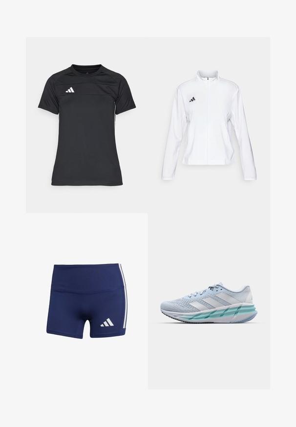 adidas Performance - Kurtka do biegania; Czarna koszulka sportowa wykonana z lekkiego materiału. Posiada okrągły dekolt, krótkie rękawy oraz trzy białe paski logo na górnej lewej stronie.; Granatowe szorty sportowe o obcisłym kroju, wykonane z gładkiego materiału, z białymi pasami po bokach i logo w dolnej lewej części.; Jasnoniebieskie buty sportowe z teksturowaną cholewką z dzianiny, białymi akcentami i przezroczystą zieloną podeszwą środkową. Okrągły czubek i wyściełany kołnierz.