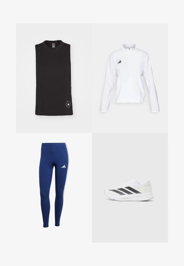adidas Performance ADIZERO ESSENTIALS - Løbejakker - white; Sort ærmeløs top lavet af blød bomuld, med en rund halsudskæring og et cirkulært logo i hvidt nederst til højre.; Mørkeblå leggings med hvide sidestropper og et mærkelogo på underbenet. Fremstillet af strækbart materiale for komfort og bevægelse.; Hvide sportsko med sorte diagonale striber, mesh-overdel, rund tå og tekstureret sål. Accenter inkluderer en sølv hæl og et minimalistisk design.