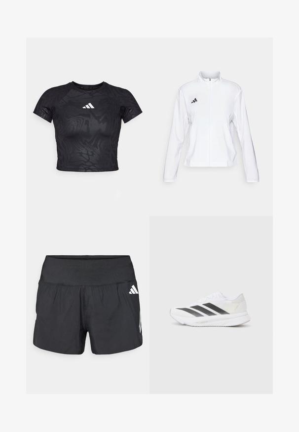 adidas Performance ADIZERO ESSENTIALS - Sportska jakna - white; Crni kratki sportski majica s teksturiranim uzorkom, kratkim rukavima i bijelim logotipom na prsima. Materijal izgleda glatko i fleksibilno.; Crne sportske kratke hlače s širokim elastičnim pojasom, laganom tkaninom i bijelim logotipom na donjoj strani.; Bijela atletska cipela s crnim dijagonalnim trakama, mrežastim gornjim dijelom, zaobljenim prstom i teksturiranim potplatom. Akcenti uključuju srebrnu petu i minimalistički dizajn.