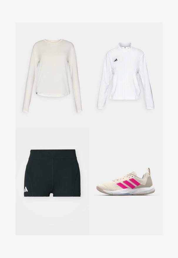 adidas Performance ADIZERO ESSENTIALS - Running jacket - white; HOKA ESSENTIAL TEE - Long sleeved top - eggnog; Black athletic shorts made of stretchy fabric, featuring a high waistband, fitted shape, and white Adidas logo on the left side.; Beige athletic shoe with pink three-stripe logo, textured mesh upper, padded collar, and white rubber sole, featuring "LIGHTSTRIKE" branding.