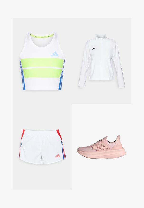 adidas Performance ADIZERO ESSENTIALS - Bežecká bunda - white; Biely športový crop top s horizontálnymi pruhmi v zelenej a modrej farbe. Má okrúhly výstrih a modré akcenty po stranách.; Biele športové šortky s červenými bočnými panelmi a modrými pruhmi. Elastický pás a logo na dolnej ľavej strane. Hladký textilný povrch.; Ružové športové topánky s pleteným zvrškom, dizajnom s tromi pruhmi a hrubou polstrovanou podrážkou označenou "Light Boost". Textúrovaný povrch zvršku.