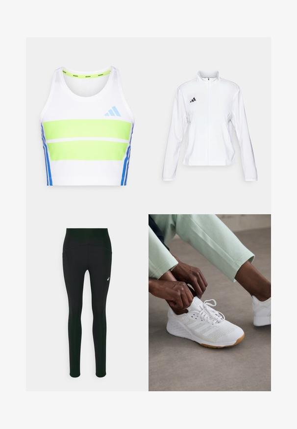 adidas Performance ADIZERO ESSENTIALS - Running jacket - white; White athletic crop top with green and blue horizontal stripes. Features a round neckline and blue accent details on the sides.; Black leggings with a high waist design, featuring a smooth texture and side pockets. Subtle reflective accents and a logo detail present.; White athletic shoe with a mesh upper, rubber sole, and three stripe design. Laces are being adjusted; light gray and mint green clothing visible.