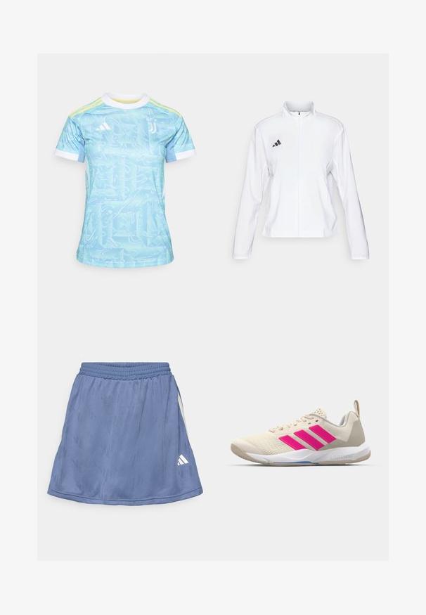 adidas Performance - Kurtka do biegania; Jasnoniebieska koszulka sportowa z falistym wzorem, białym kołnierzykiem i żółtymi akcentami. Wykonana z oddychającego materiału, zaprojektowana do sportu.; Niebieska sportowa spódnica z teksturowanym wzorem, elastycznym pasem i białym logo Adidas w dolnym prawym rogu.; Beżowy but sportowy z różowym logo w postaci trzech pasków, teksturowana siateczka na górze, wyściełany kołnierz i biały gumowy spód, z brandingiem "LIGHTSTRIKE".